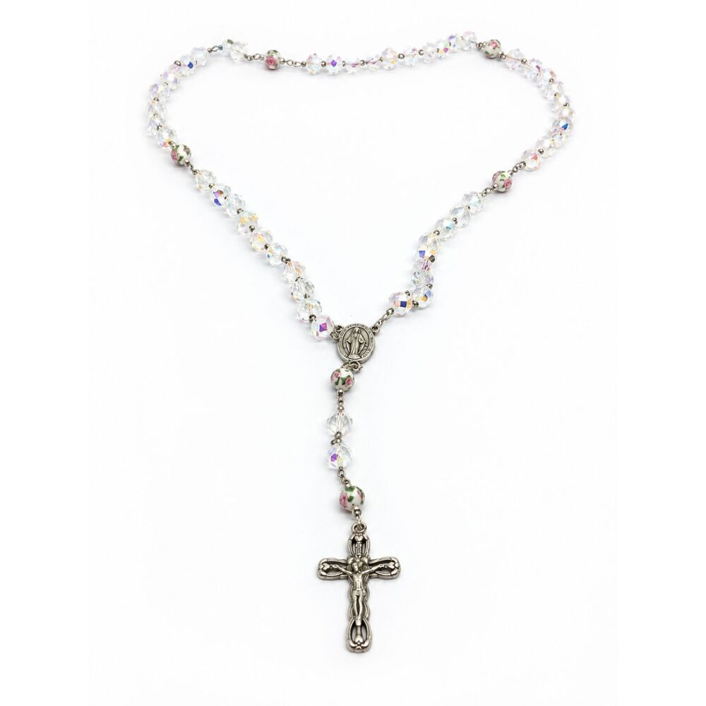 Vintage Rosary Necklace AB Aurora Borealis Flower Beads Italy Cross Silver Tone